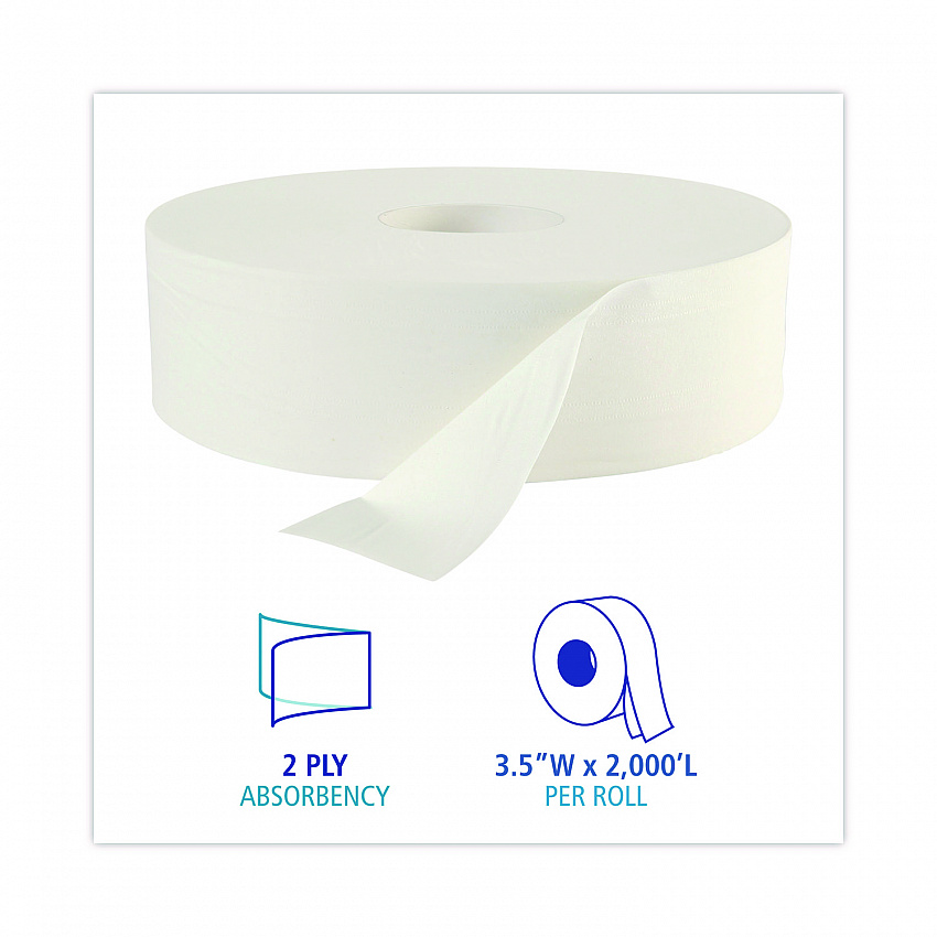 JRT Jumbo Roll Bathroom Tissue, Septic Safe, 2-Ply, 3.5" x 2,000 ft, White, 6 Rolls/Carton (6102B)