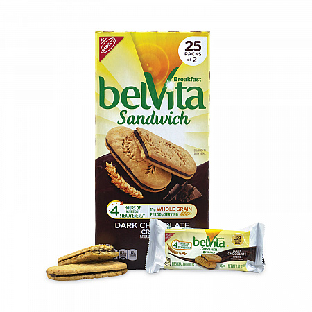belVita Breakfast Biscuits, Dark Chocolate Creme Breakfast Sandwich, 1.76 oz Pack, 25 Packs/Carton (22000570)
