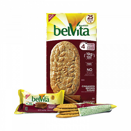 belVita Breakfast Biscuits, Cinnamon Brown Sugar, 1.76 oz Pack, 25 Packs/Carton (22000507)
