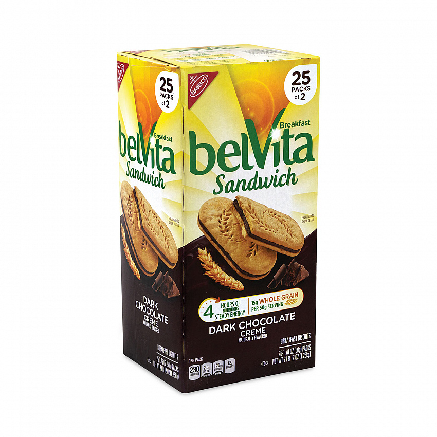 belVita Breakfast Biscuits, Dark Chocolate Creme Breakfast Sandwich, 1.76 oz Pack, 25 Packs/Carton (22000570)