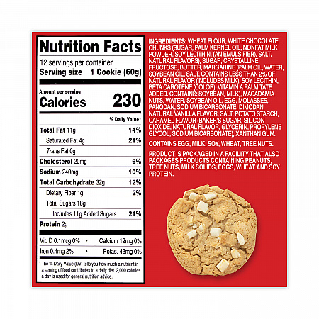 White Chunk Macadamia Cookies, 2.1 oz, Individually Wrapped Pack, White Chocolate, 12/Carton (20900470)