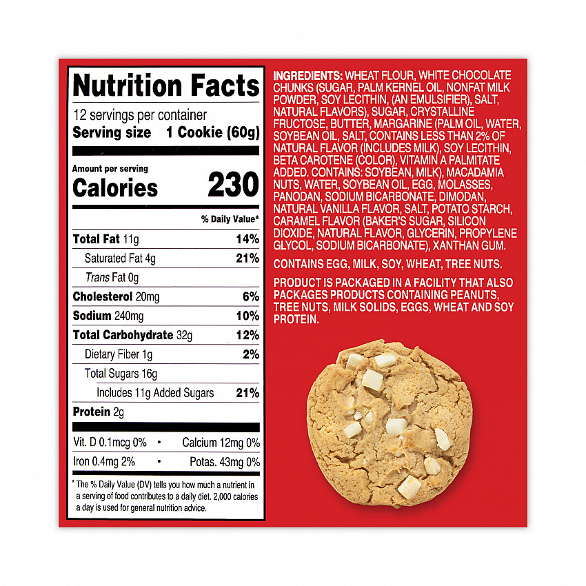 White Chunk Macadamia Cookies, 2.1 oz, Individually Wrapped Pack, White Chocolate, 12/Carton (20900470)