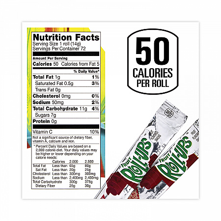 Fruit Roll-Ups Fruit Snacks, Strawberry and Tropical Tie-Dye Flavors, 0.5 oz, 72 Pouches/Carton (22001037)