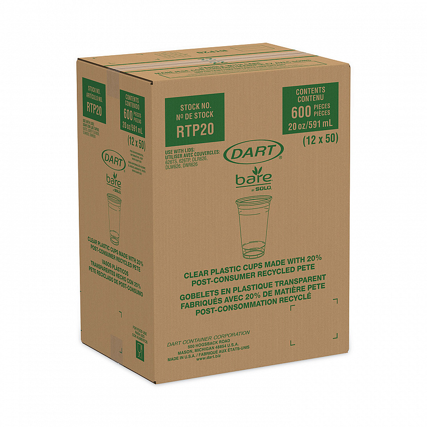 Bare Eco-Forward RPET Cold Cups, ProPlanet Seal, 20 oz, Plastic, Leaf Design, 50/Pack, 12 Packs/Carton (RTP20BARE)