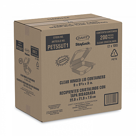 StayLock Clear Hinged Lid Containers, 8.6 x 9 x 3, Clear, Plastic, 200/Carton (PET55UT1)