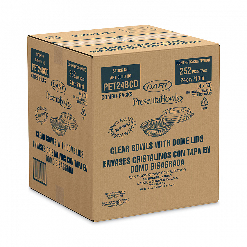 PresentaBowls Bowl/Lid Combo-Paks, 24 oz, 7.25" Diameter x 2.38" h, Clear, Plastic, 63/Pack, 2 Pack/Carton (PET24BCD)