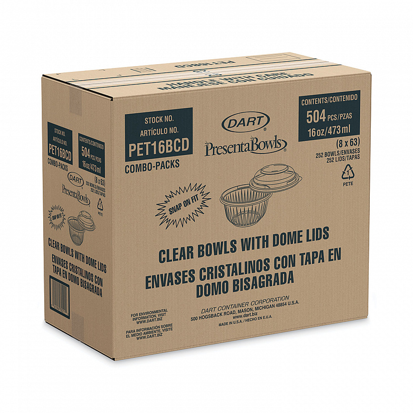 PresentaBowls Bowl/Lid Combo-Paks, 16 oz, 5.38" Diameter x 2.6" h, Clear, Plastic, 63/Pack, 4 Pack/Carton (PET16BCD)