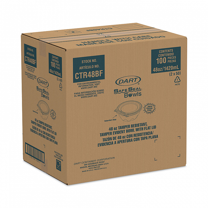 SafeSeal Tamper-Resistant, Tamper-Evident Bowls with Flat Lid, 48 oz, 8.9" Diameter x 2.8" h, Clear, Plastic, 100/Carton (CTR48BF)
