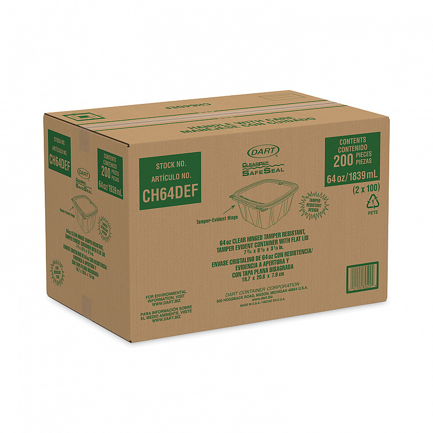 ClearPac SafeSeal Tamper-Resistant/Evident Containers, Flat Lid, 64 oz, Clear, Plastic, 100/Bag, 2 Bags/Carton (CH64DEF)