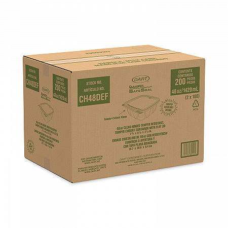ClearPac SafeSeal Tamper-Resistant/Evident Containers, Flat Lid, 48 oz, Clear, Plastic, 100/Bag, 2 Bags/Carton (CH48DEF)