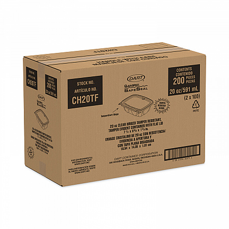 ClearPac SafeSeal Tamper-Resistant, Tamper-Evident Containers, Tall, Flat Lid, 20 oz, Clear, Plastic, 200/Carton (CH20TF)