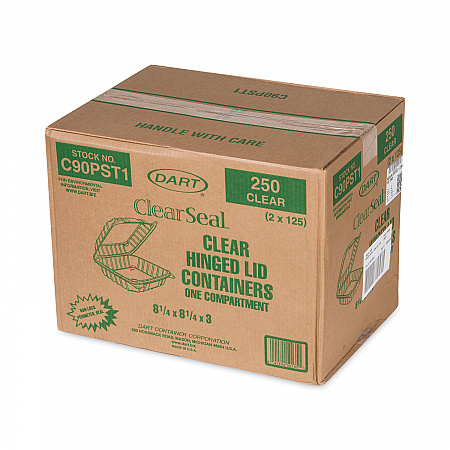 ClearSeal Hinged-Lid Plastic Containers, 8.3 x 8.3 x 3, Clear, Plastic, 250/Carton (C90PST1)