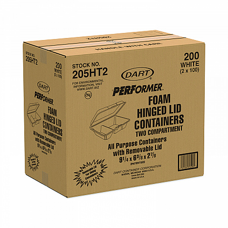 Foam Hinged Lid Containers, 6.4 x 9.33 x 2.9, White, 100/Bags, 2 Bags/Carton (205HT2)