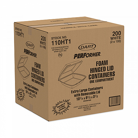 Hinged Lid Carryout Container, 9.5 x 10.33 x 3.5, White, Foam, 100/Bag, 2 Bags/Carton (110HT1)