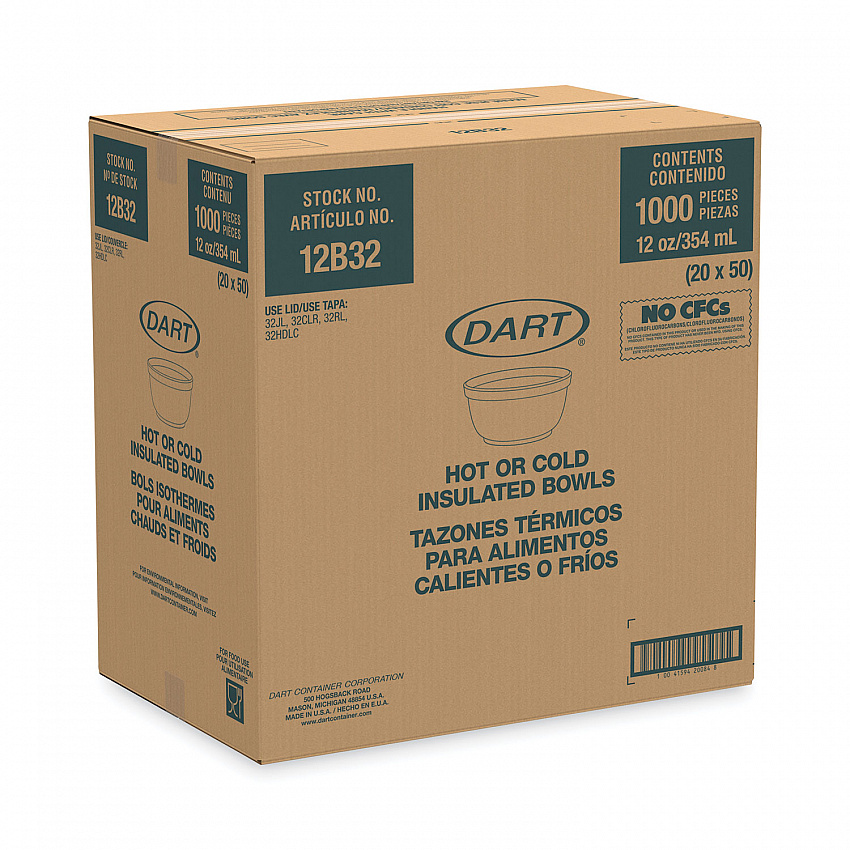 Insulated Foam Bowls, 12 oz, White, 50/Pack, 20 Packs/Carton (12B32)