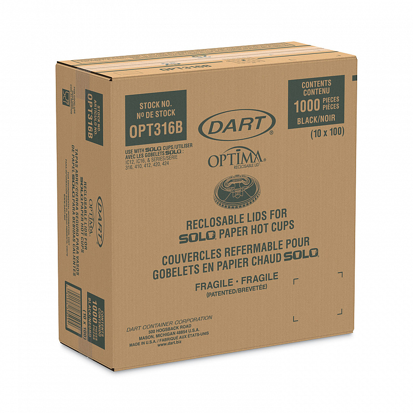 Optima Reclosable Lids for Hot Paper Cups, Fits 10 oz to 24 oz Hot Cups, Plastic, Black, 1,000/Carton (OPT316B)
