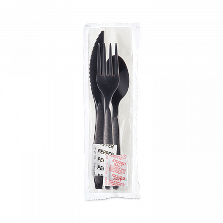 Reliance Mediumweight Cutlery Kit, Fork/Knife/Napkin/Pepper/Salt/Spoon, Plastic, Black, 250/Carton (RSK8Y0004)