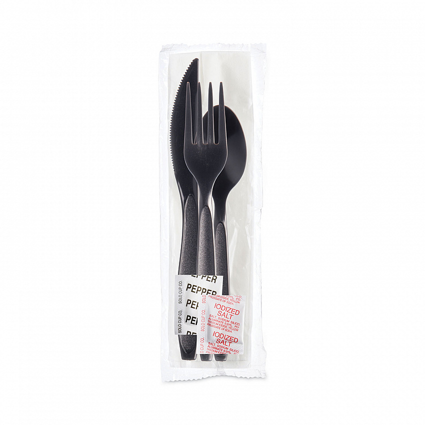 Reliance Mediumweight Cutlery Kit, Fork/Knife/Napkin/Pepper/Salt/Spoon, Plastic, Black, 250/Carton (RSK8Y0004)