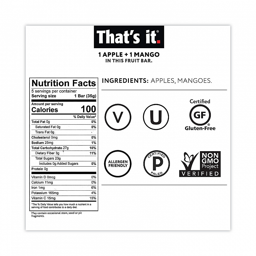 Nutrition Bar, Gluten Free Apple and Mango Fruit, 1.2 oz Bar, 12/Carton (30700257)