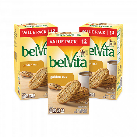 belVita Breakfast Biscuits, Golden Oat, 1.76 oz Packet of 4, 12 Packets/Box, 3 Boxes/Carton (30700147)