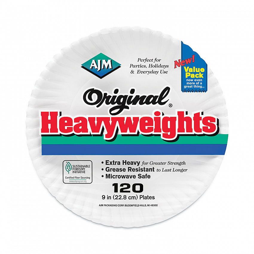 Original Heavyweights Paper Plates, 9" dia, White, 120/Pack, 8 Packs/Carton (OH9AJBXWH)