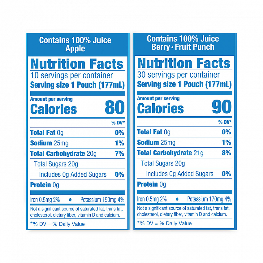100% Juice Pouches Variety Pack, 6 oz, 40 Pouches/Carton (22000720)