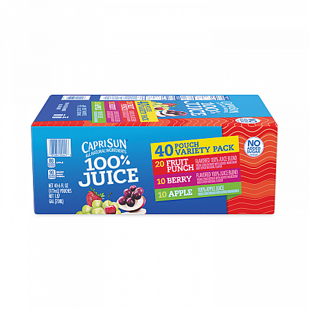 100% Juice Pouches Variety Pack, 6 oz, 40 Pouches/Carton (22000720)