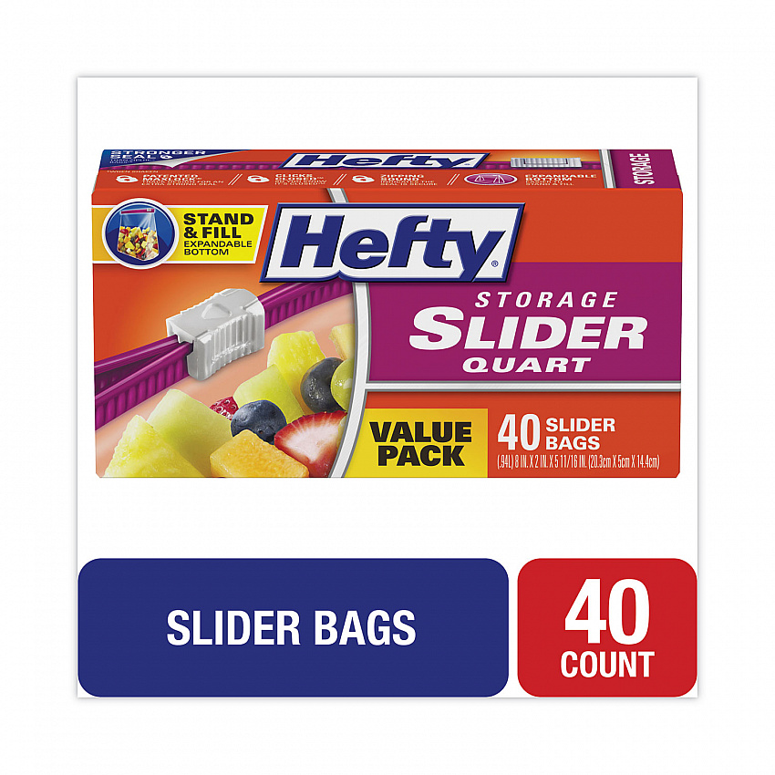 Slider Stand and Fill Food Storage Bags, Quart, 8" x 7", Clear, 40/Box (R88075)