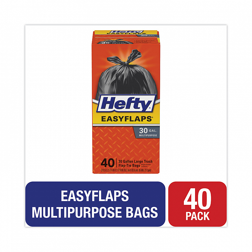 Easy Flaps Trash Bags, Tie-Flap, 30 gal, 0.85 mil, 30" x 33", Black, 40/Box (E27744)