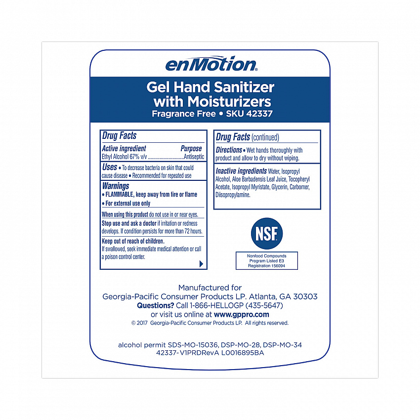 enMotion Gen2 E3-Rated Gel Sanitizer Dispenser Refill, 1,000 mL Bottle, Fragrance-Free, 2/Carton (42337)