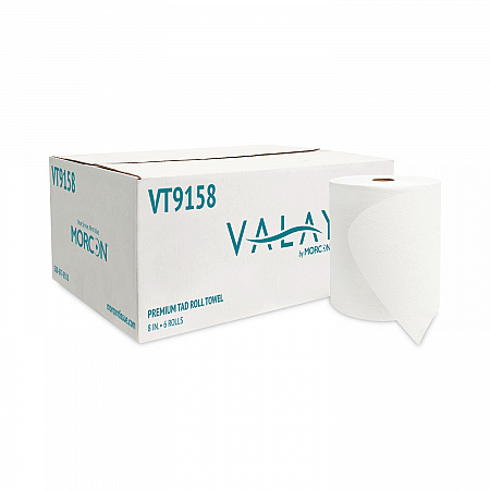 Valay Universal TAD Roll Towels, 1-Ply, 8 x 600 ft, White, 6 Rolls/Carton (VT9158)