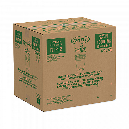 Bare Eco-Forward RPET Cold Cups, Squat, ProPlanet Seal, 12 oz to 14 oz, Plastic, Leaf Design, 50/Pack, 20 Packs/Carton (RTP12BARECT)