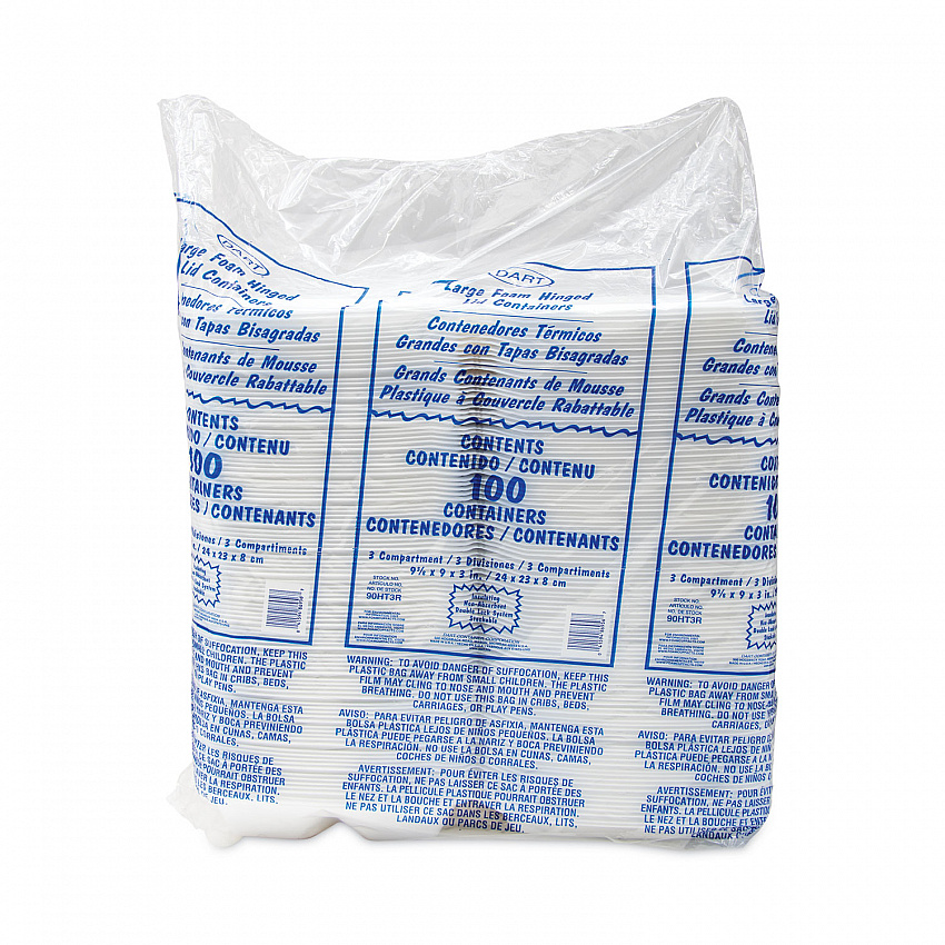 Foam Hinged Lid Container, 3 Compartments, 8 oz, 9 x 9.4 x 3, White, 100/Sleeve, 2 Sleeves/Carton (90HT3R)