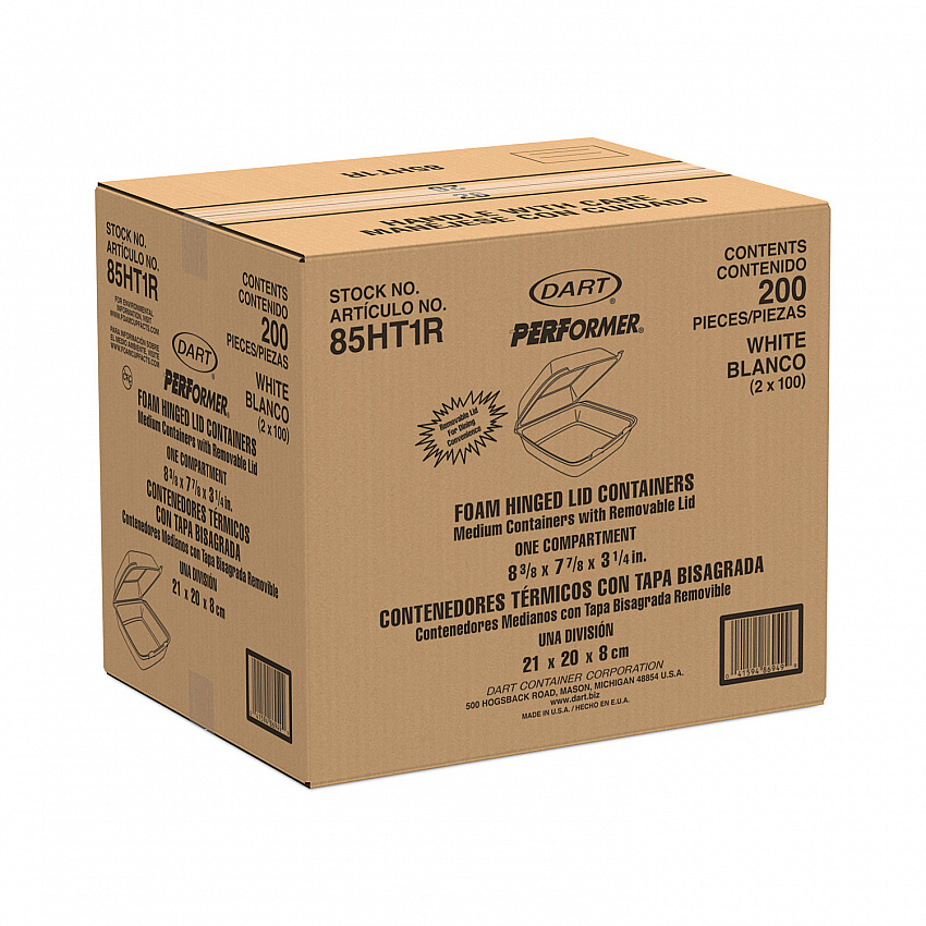 Foam Hinged Lid Containers, 8.38 x 7.78 x 3.25, White, 200/Carton (85HT1R)