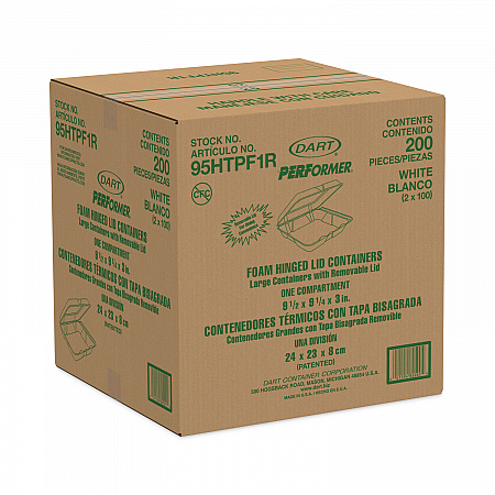 Foam Hinged Lid Container, Performer Perforated Lid, 9.3 x 9.5 x 3, White, 100/Bag, 2 Bag/Carton (95HTPF1R)
