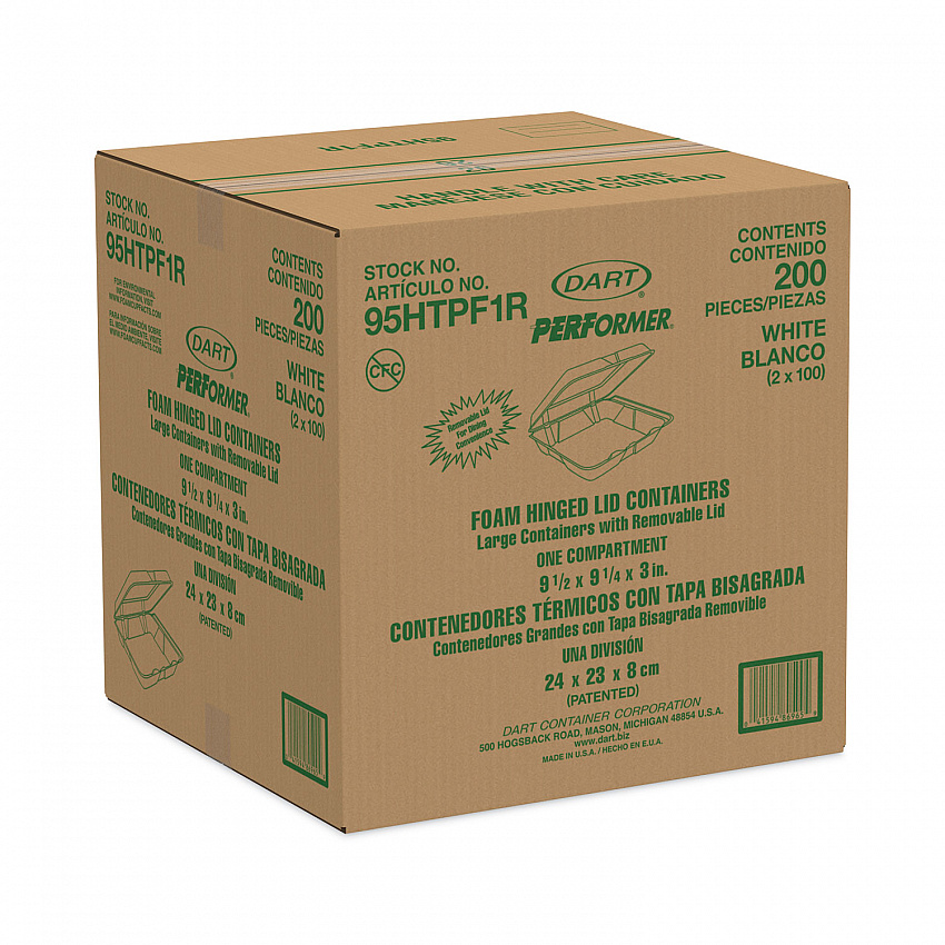 Foam Hinged Lid Container, Performer Perforated Lid, 9.3 x 9.5 x 3, White, 100/Bag, 2 Bag/Carton (95HTPF1R)