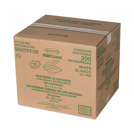 Foam Hinged Lid Container, 3 Compartments, 9.3 x 9.5 x 3, White, 100/Bag, 2 Bag/Carton (95HTPF3R)
