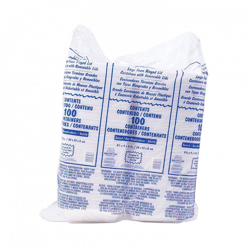 Foam Hinged Lid Container, Vented Lid, 9 x 9.4 x 3, White, 100/Pack, 2 Packs/Carton (90HTPF1VR)