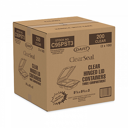 ClearSeal Hinged-Lid Plastic Containers, 3 Compartments, 9.4 x 8.9 x 3, Plastic, 100/Bag, 2 Bags/Carton (C95PST3)
