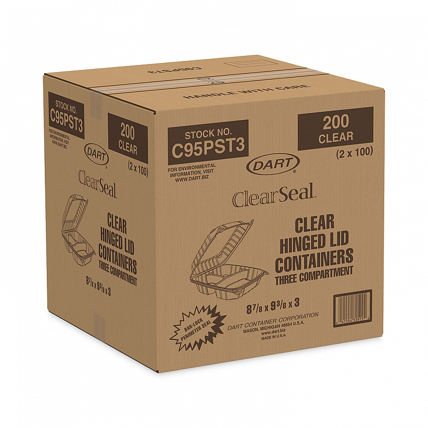 ClearSeal Hinged-Lid Plastic Containers, 3 Compartments, 9.4 x 8.9 x 3, Plastic, 100/Bag, 2 Bags/Carton (C95PST3)