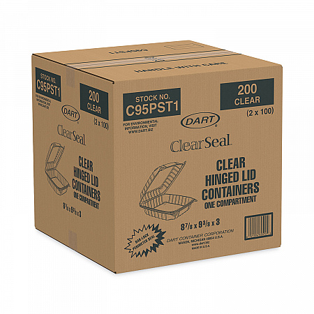 ClearSeal Hinged-Lid Plastic Containers, 9.3 x 8.8 x 3, Clear, Plastic, 100/Bag, 2 Bags/Carton (C95PST1)