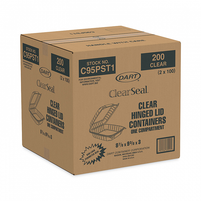 ClearSeal Hinged-Lid Plastic Containers, 9.3 x 8.8 x 3, Clear, Plastic, 100/Bag, 2 Bags/Carton (C95PST1)