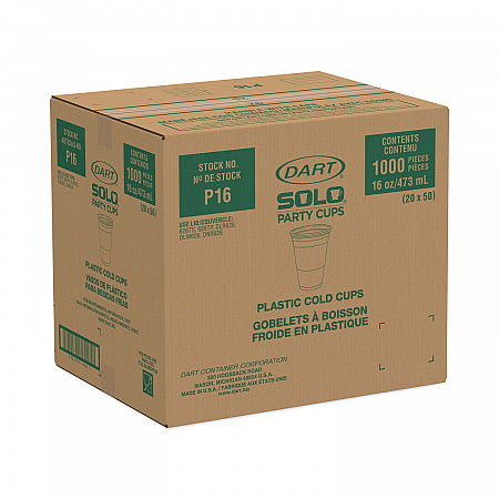 SOLO Party Plastic Cold Drink Cups, 16 oz, 50/Sleeve, 20 Sleeves/Carton (P16)
