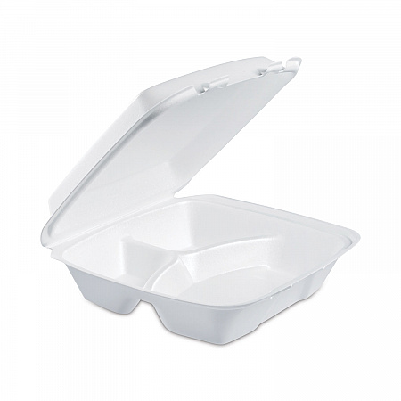 Foam Hinged Lid Container, 3 Compartments, 8 oz, 9 x 9.4 x 3, White, 100/Sleeve, 2 Sleeves/Carton (90HT3R)