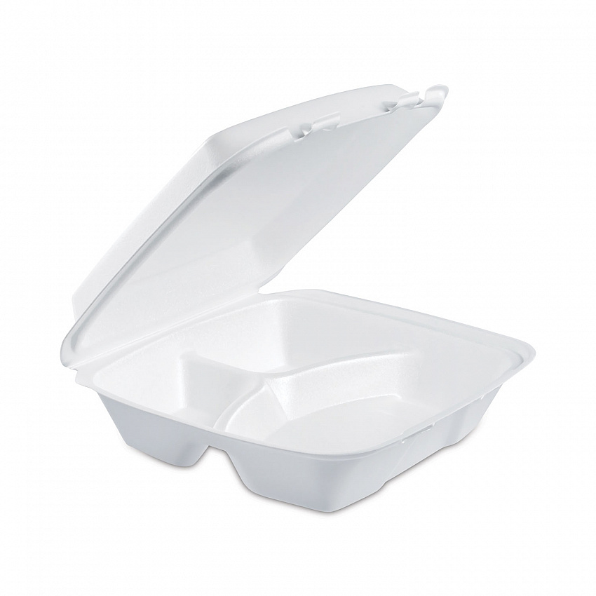 Foam Hinged Lid Container, 3 Compartments, 8 oz, 9 x 9.4 x 3, White, 100/Sleeve, 2 Sleeves/Carton (90HT3R)