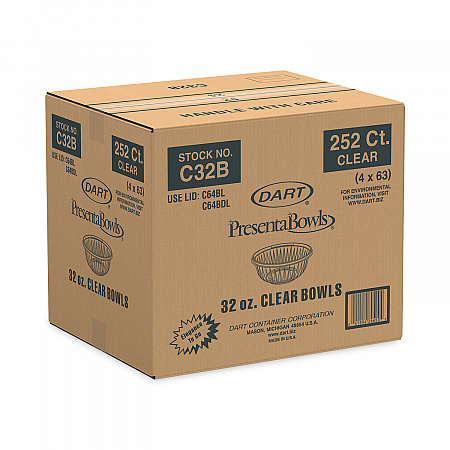PresentaBowls Clear Bowls, 32 oz, Plastic, 63/Bag, 252/Carton (C32B)