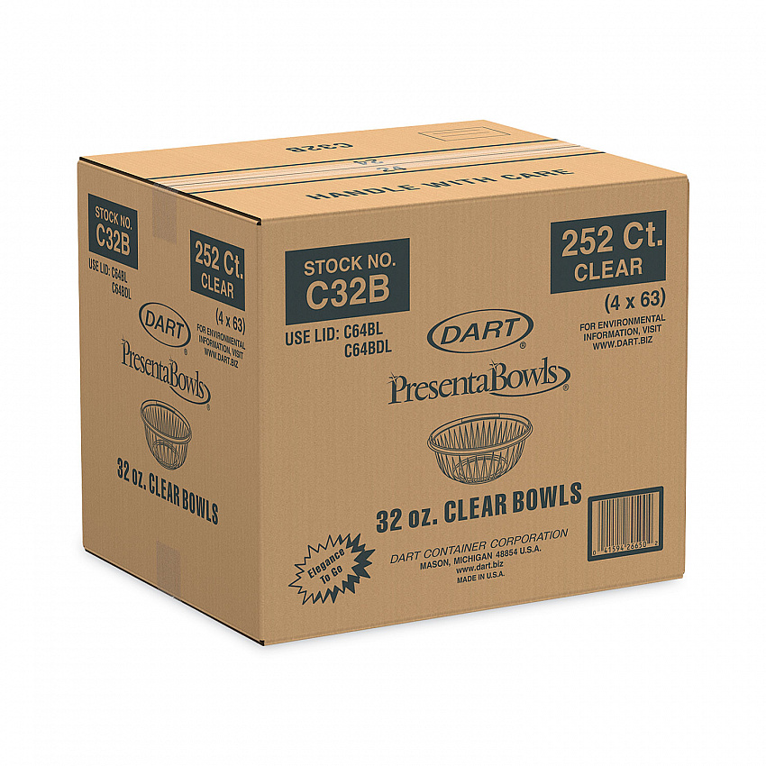 PresentaBowls Clear Bowls, 32 oz, Plastic, 63/Bag, 252/Carton (C32B)