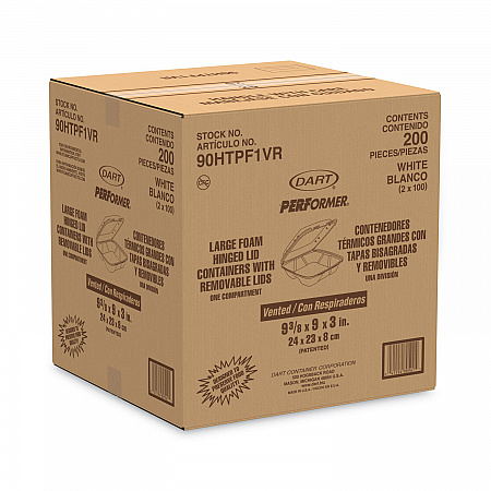 Foam Hinged Lid Container, Vented Lid, 9 x 9.4 x 3, White, 100/Pack, 2 Packs/Carton (90HTPF1VR)