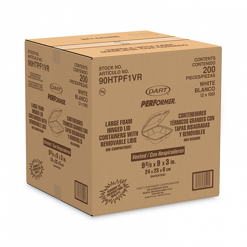 Foam Hinged Lid Container, Vented Lid, 9 x 9.4 x 3, White, 100/Pack, 2 Packs/Carton (90HTPF1VR)