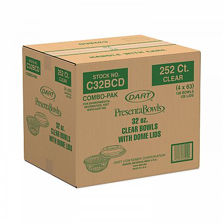 PresentaBowls Bowl/Lid Combo-Paks, 32 oz, Clear, Plastic, 63/Pack, 4 Pack/Carton (C32BCD)